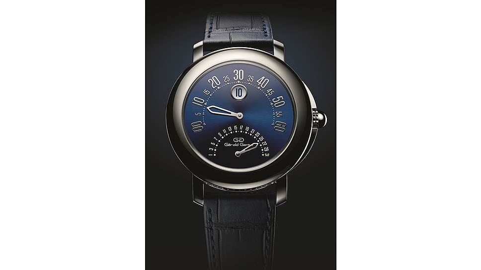Gerald Genta 50th Anniversary — Arena Bi-retro, платина, 41 мм, мануфактурный калибр Bi-retro BVL 300 с двунаправленной системой автоматического завода, цифровой указатель часа мгновенного переключения, синий лакированный циферблат, синий ремешок из кожи аллигатора с платиновой раскладывающейся застежкой 