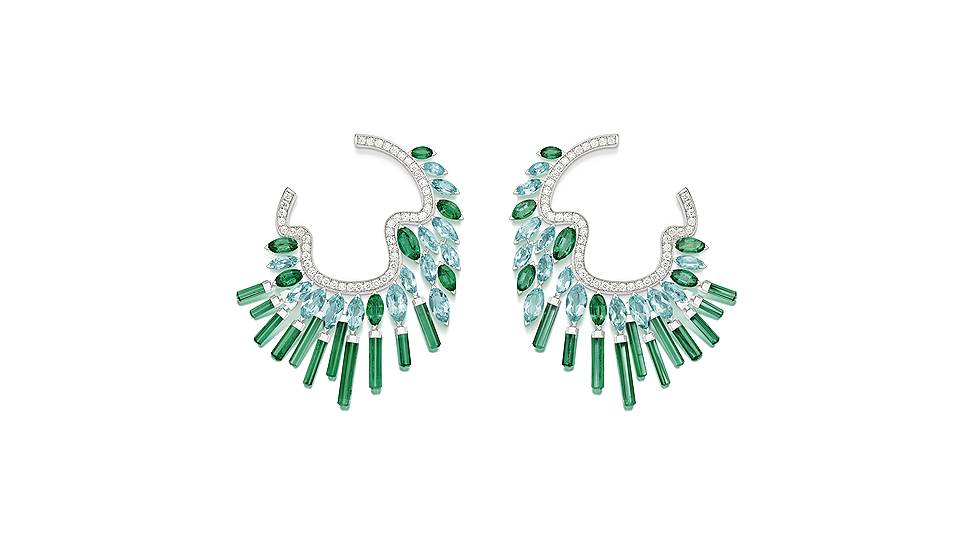 Piaget, серьги Night Illusion, белое золото, изумруды, голубые турмалины, бриллианты