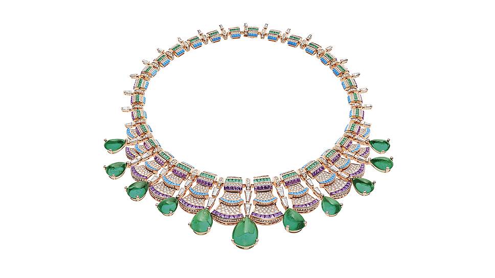 Bvlgari, колье Roaring 80’s, розовое золото, изумруды, аметисты, бирюза, бриллианты