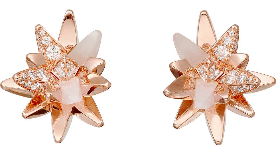 Серьги Fractal Meteor, розовое золото, лунный камень, розовый кварц, бриллианты