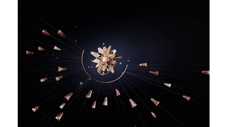Кольцо Fractal Meteor, розовое золото, лунный камень, розовый кварц, бриллианты 