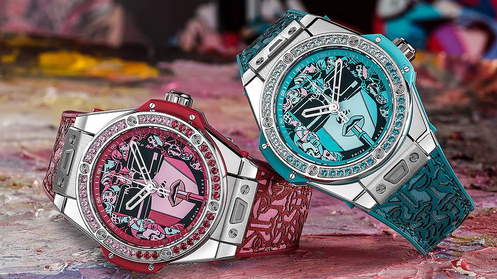 Big Bang One Click Marc Ferrero, нержавеющая сталь, 39 мм, механизм HUB 1710 с автоматическим подзаводом и запасом хода 50 часов, 42 голубых топаза и 42 красных шпинели на безеле, ремешок из телячьей кожи с каучуковой подкладкой. Кажда я модель выпущена лимитированной серией 50 экземпляров 