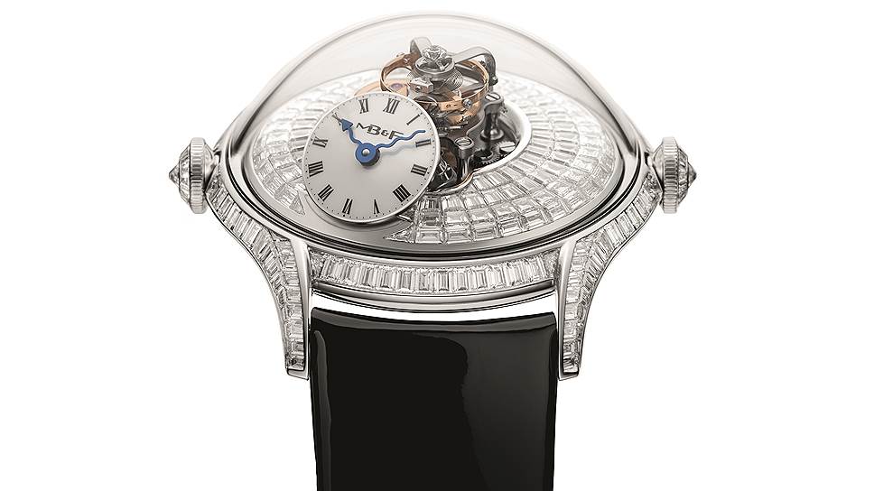 MB&F Legacy Machine Flying T, 38,5 х 20 мм, белое золото, бриллианты, трехмерная вертикальная архитектура, мануфактурный механизм с автоматическим подзаводом, центральный парящий 60-секундный турбийон, запас хода 100 часов