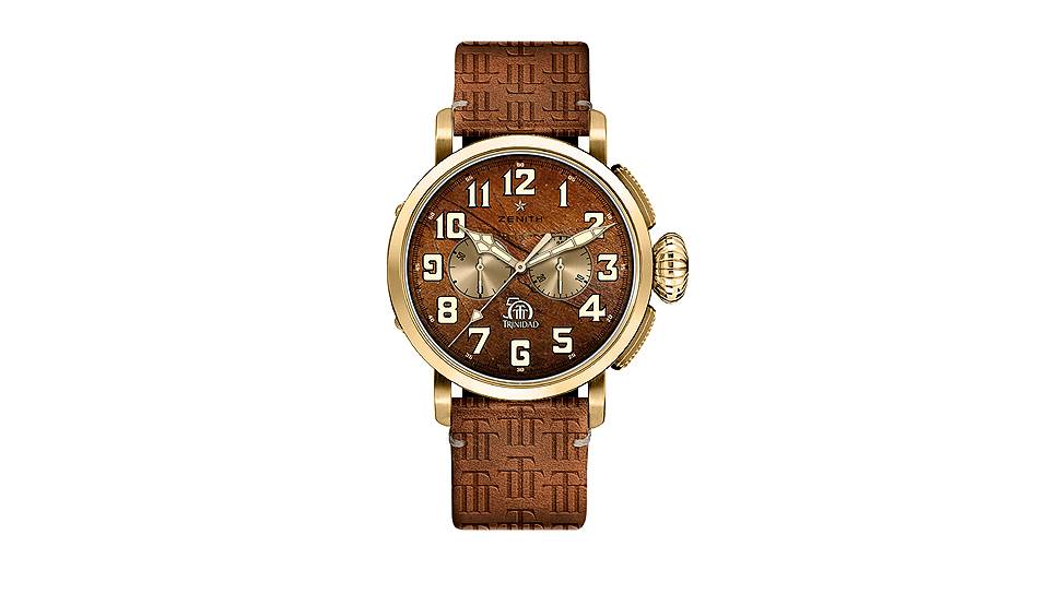 Pilot Type 20 Chronograph Trinidad Edition, корпус 45 мм, желтое золото, выпущенные в честь 50-летнего юбилея сигар Trinidad, автоматический хронограф El Primero, циферблат с орнаментом в виде табачного листа, ограниченная серия 50 экземпляров