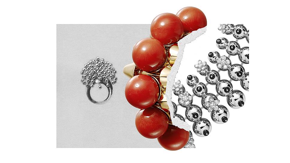 Коллаж с серьгой Clash de Cartier из желтого золота с кораллами