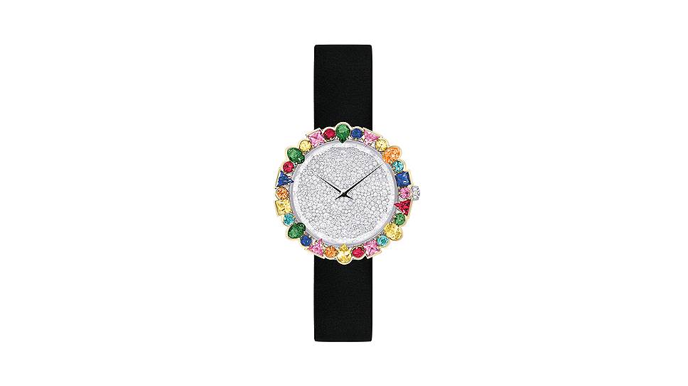 La D de Dior Cocotte, 38 мм, белое золото, розовые, синие и желтые сапфиры, цавориты, гранаты, рубины, турмалины параиба, бриллианты, кварцевый механизм