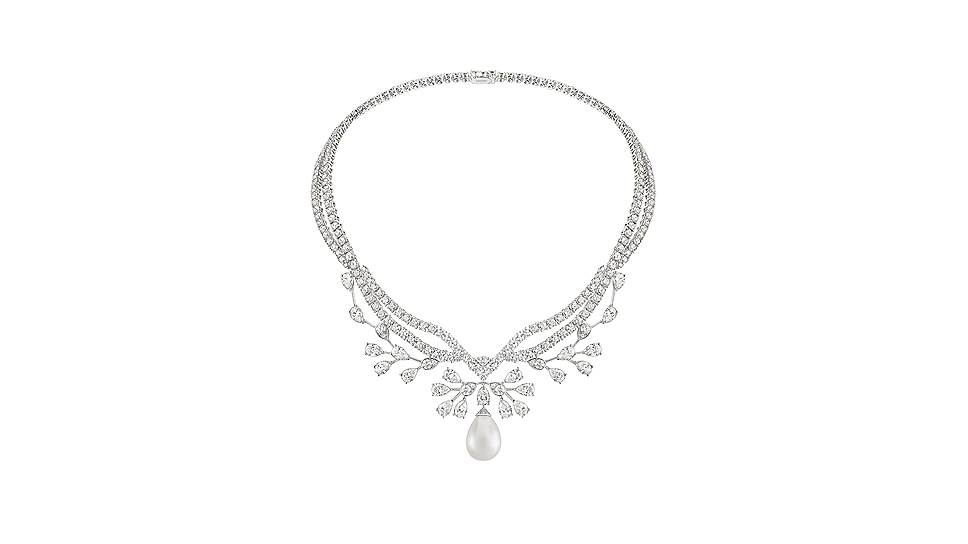 Chaumet, колье Aigrette Imperial, белое золото, бриллианты, натуральный жемчуг