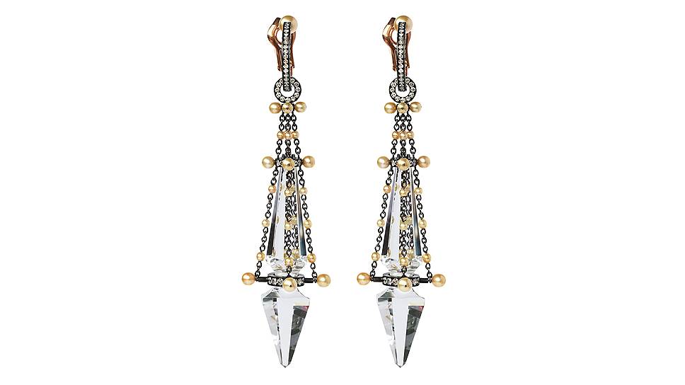 Серьги из белого золота с горным хрусталем, бриллиантами и натуральным жемчугом, Nadia Morgenthaler