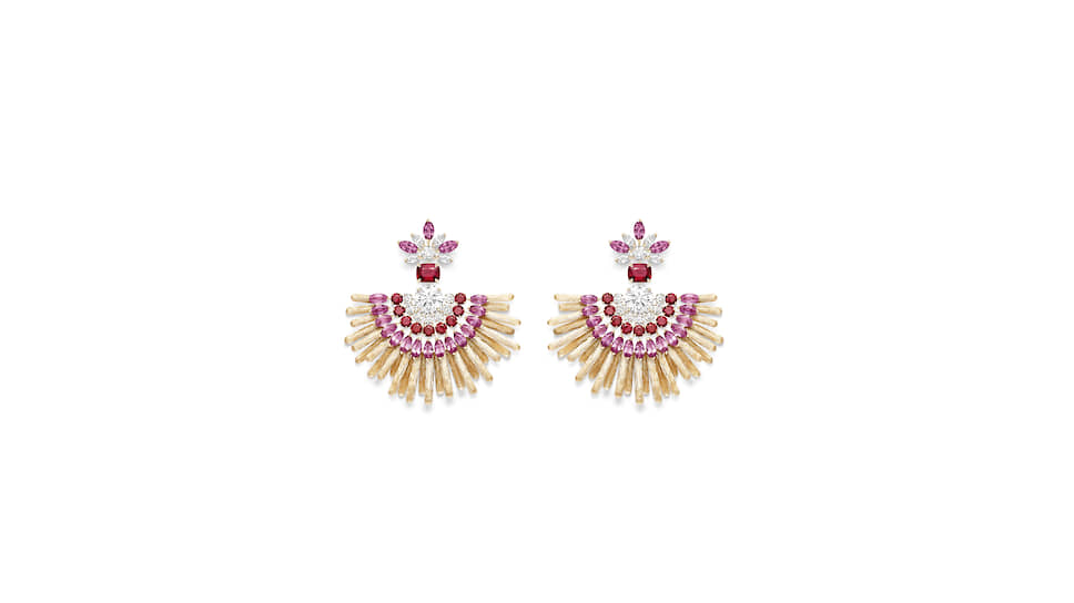 Серьги Desert Sunbow, желтое золото, рубины, розовые сапфиры, бриллианты