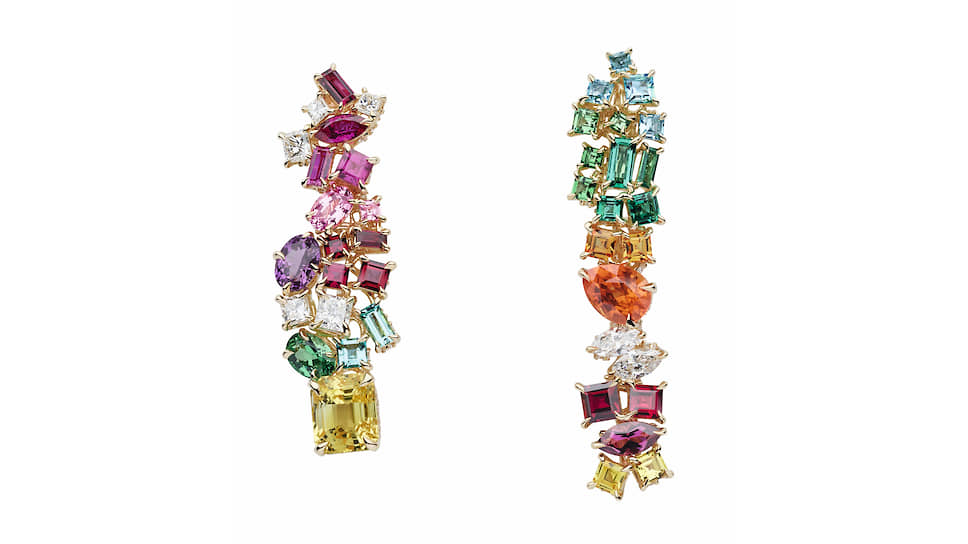 Серьги Multicolore Canari Yellow Sapphire, желтое золото, бриллианты, желтые, розовые и сиреневые сапфиры, спессартины, рубины, цавориты, турмалины параиба, изумруды, гранаты 