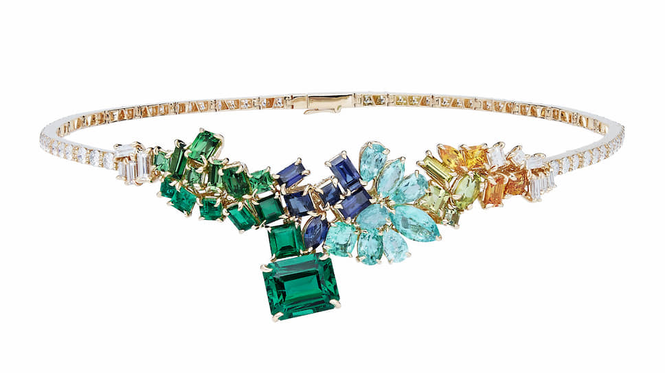 Колье Vert Prairie Emerald, желтое золото, бриллианты, изумруды, турмалины параиба, синие и желтые цавориты, сапфиры, хризобериллы 