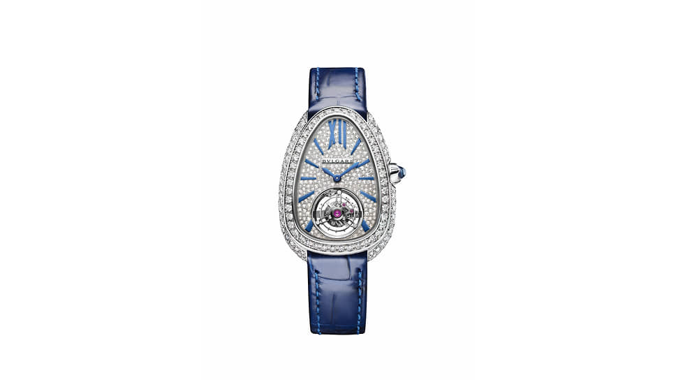 Bvlgari, часы Serpenti Seduttori Tourbillon, 34 мм, белое золото, бриллианты, механизм с ручным подзаводом, запас хода 40 часов 