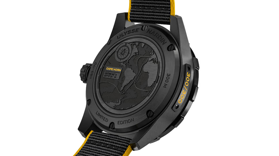 На крышке титанового корпуса Ulysse Nardin Diver X Cape Horn выгравирован маршрут Vendee Globe с ключевым пунктом гонки — мысом Горн 
