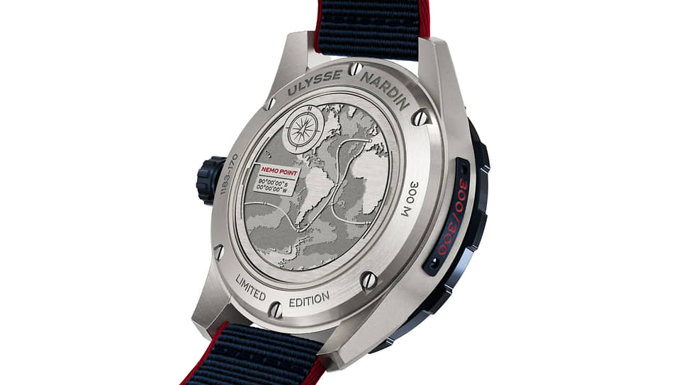 На крышке титанового корпуса Ulysse Nardin Diver X Nemo Point нанесены координаты Точки Немо в Тихом океане, названной в честь героя романа Жюля Верна 