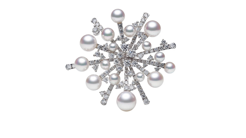 Брошь, Mikimoto, белое золото, жемчуг, бриллианты