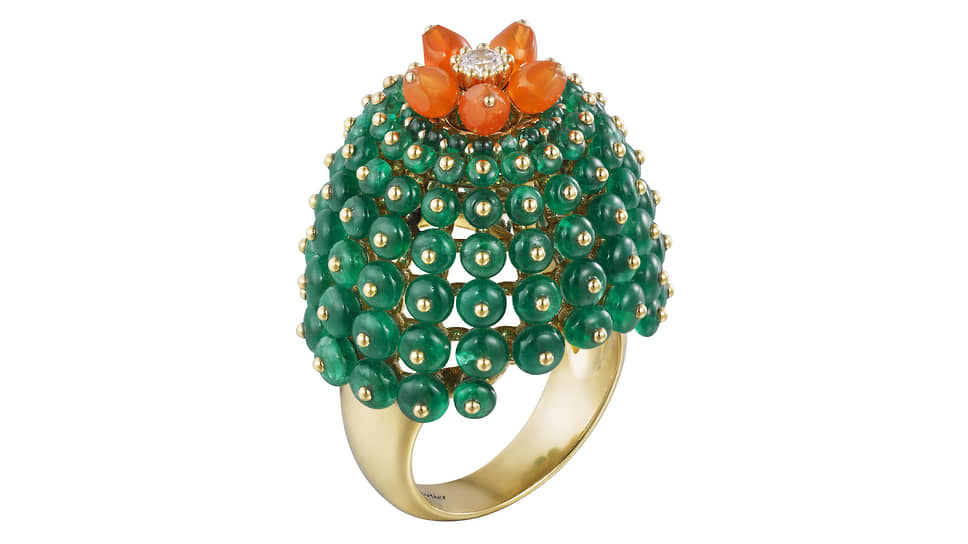 Кольцо Cactus de Cartier, Cartier, желтое золото, изумруды, карнелиан, бриллианты