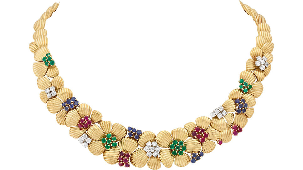 Колье Fleurettes, желтое золото, рубины, сапфиры, изумруды, бриллианты, 1954 год 