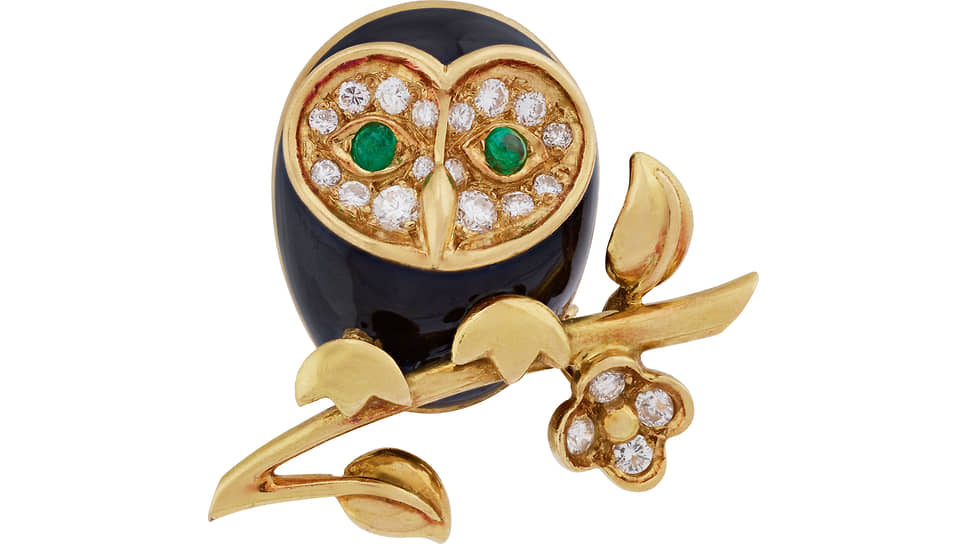 Брошь Owl, желтое и розовое золото, черная эмаль, изумруды, бриллианты, 1980 год 