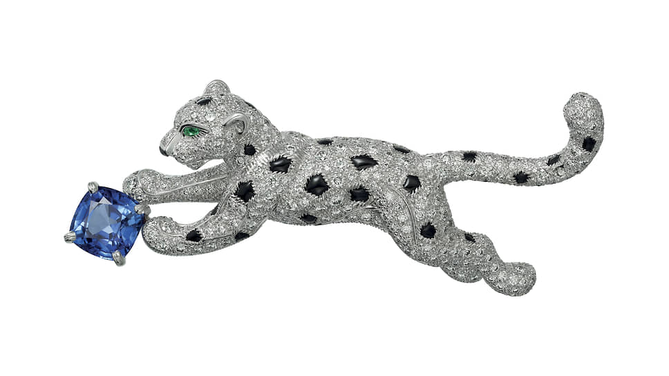 Брошь Panthere de Cartier, Cartier, белое золото, сапфир, изумруды, оникс, бриллианты