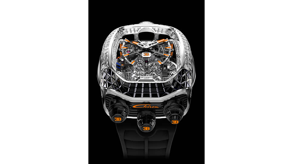 Jacob & Co, часы Bugatti Chiron Tourbillon, 55 х 44 мм, белое золото, бриллианты, сапфиры, механизм с ручным подзаводом 
