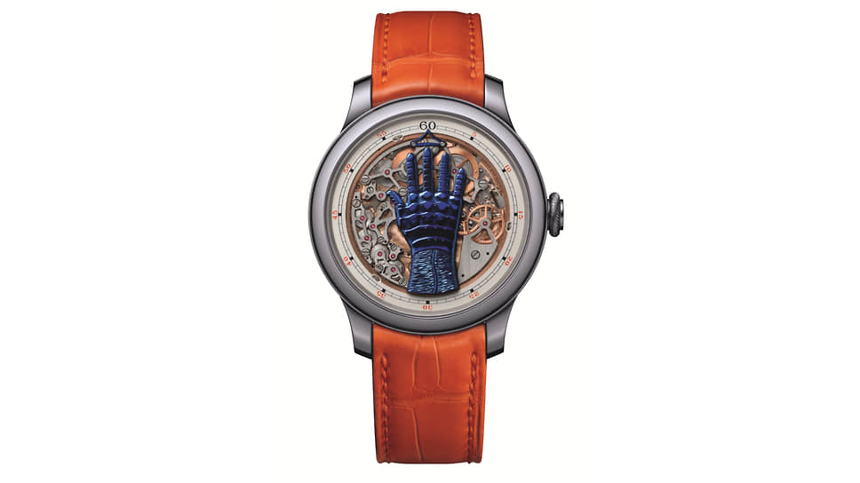 FFC Blue мануфактуры F.P. Journe — Invenit et Fecit реально гнут пальцы, указывая часы комбинациями механических конечностей. Эстимейт CHF 300–400 тыс. 