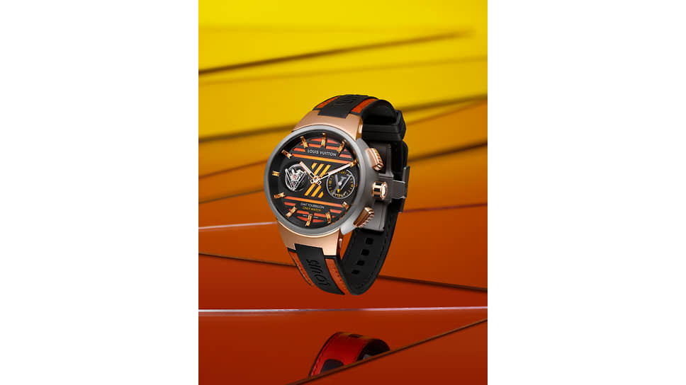 Louis Vuitton выставляет на аукцион новинку Tambour Curve GMT Flying Tourbillon в фирменной оранжевой гамме Only Watch. Эстимейт CHF 80–100 тыс. 