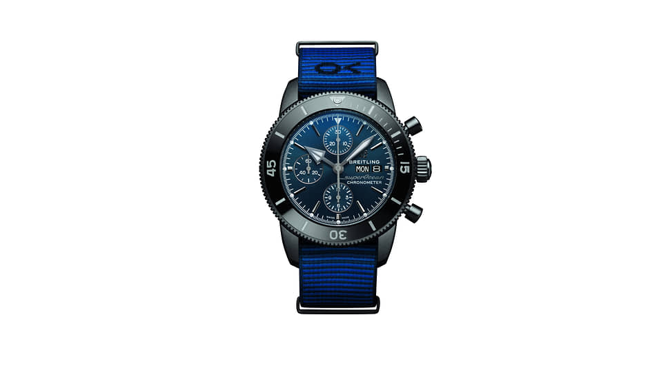 Breitling, часы Superocean Heritage Chronograph Outerknown, 44 мм, сталь, механизм с автоматическим подзаводом, водонепроницаемость 200 м, запас хода 48 часов, ремешок из материала Econyl 
