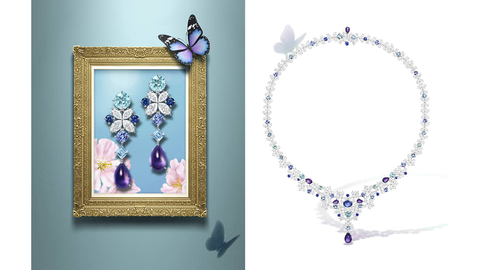 Слева направо: серьги Purple Marquesa, платина, сапфиры, турмалины параиба, аквамарины, бриллианты; колье Purple Marquesa, платина, сапфиры, турмалины параиба, аквамарины, бриллианты