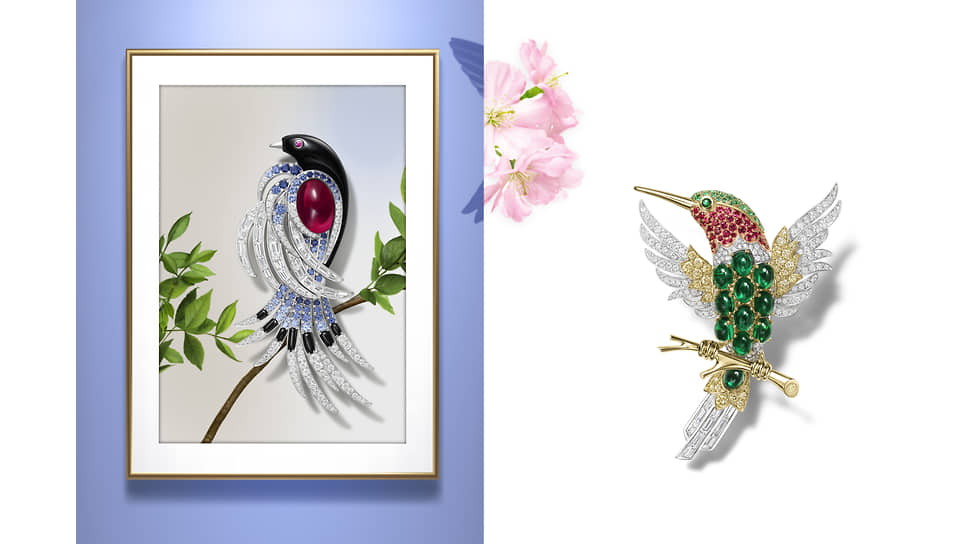 Слева направо: брошь Blue Magpie, платина, турмалин, оникс, сапфиры, бриллианты; брошь Hummingbird, платина, желтое и розовое золото, изумруды, рубины, желтые и бесцветные бриллианты