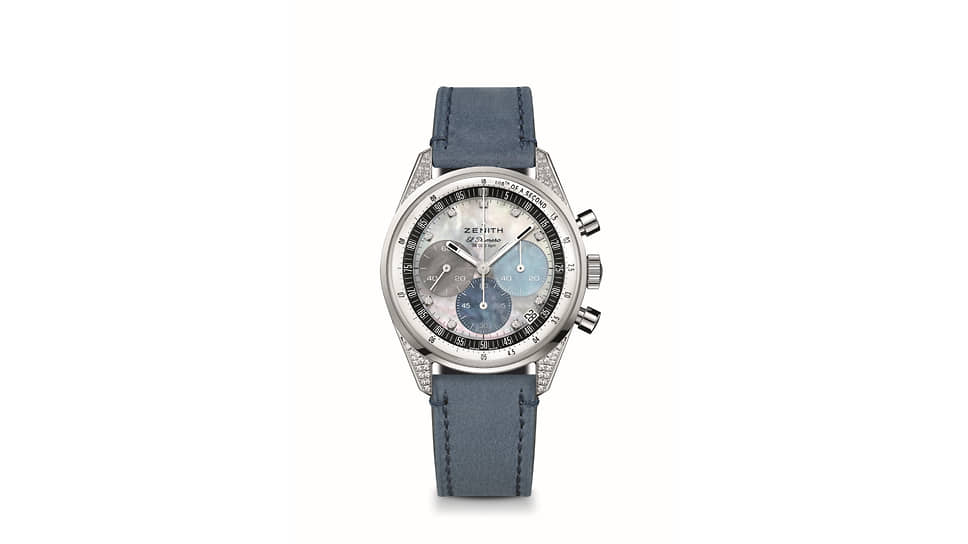 Хронограф Chronomaster Original — стальной корпус 38 мм с бриллиантами на ушках, белый перламутровый циферблат, перламутровые счетчики трех цветов, автоматический высокочастотный механизм El Primero 3600 с функцией хронографа с точностью 1/10 секунды, запас хода 60 часов, водонепроницаемость 50 атм, ремешок из кожи.  