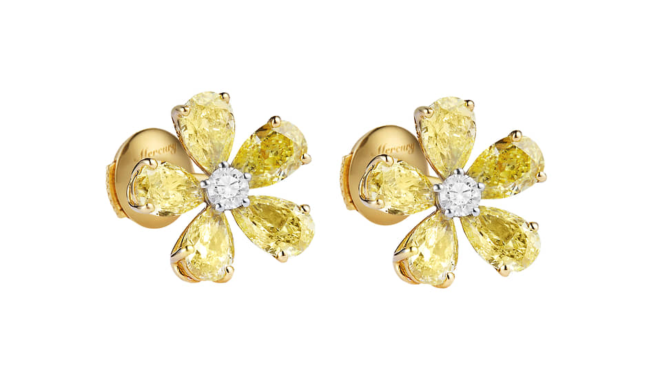 Серьги Mercury Flower, белое золото, желтые и бесцветные бриллианты