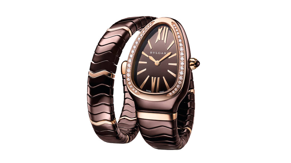 Часы Bvlgari Serpenti, розовое золото, керамика, бриллианты 