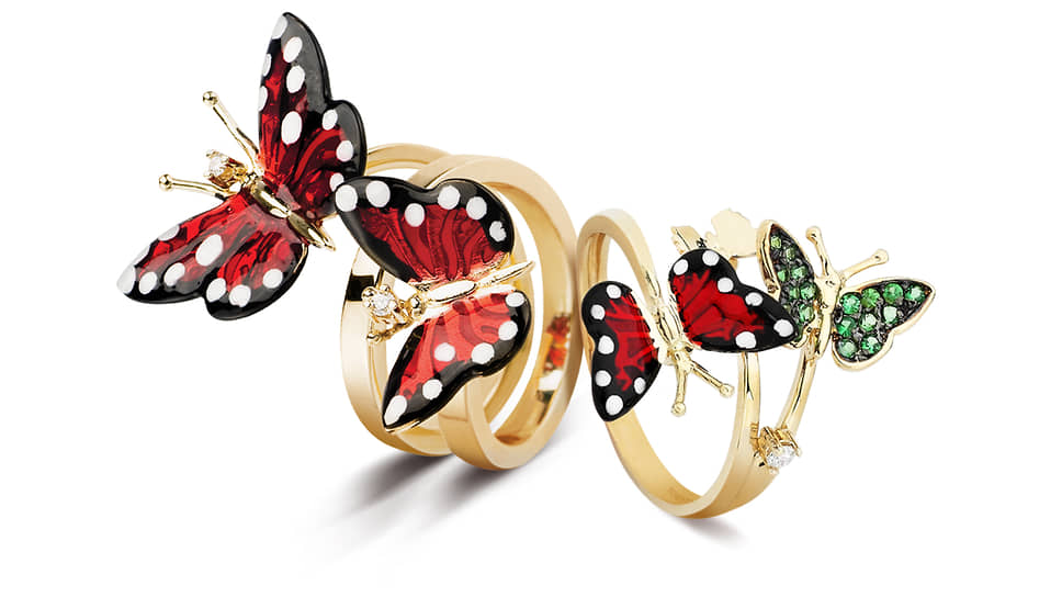 Кольцо Monarch Butterfly, желтое золото, эмаль, бриллианты, сапфиры 