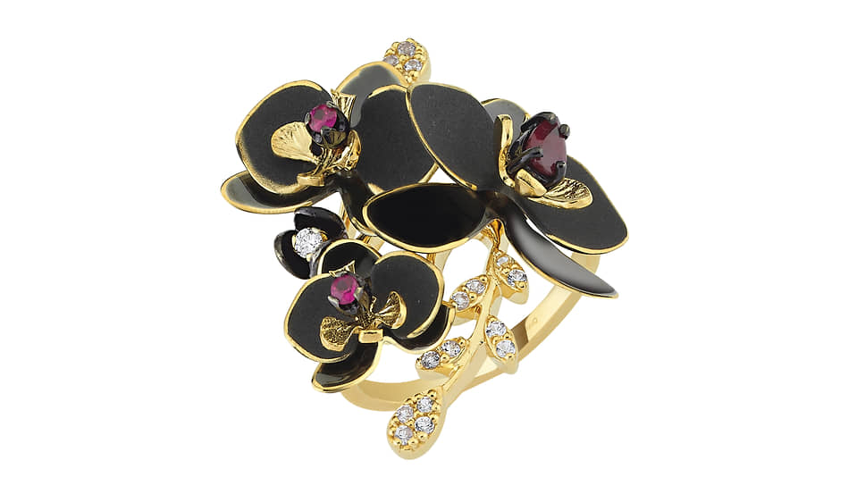 Кольцо Black Orchid, желтое золото с чернением, бриллианты, рубины, сапфиры 