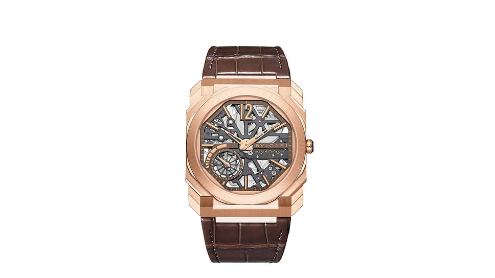 Bvlgari Octo Finissimo Skeleton 8 Days в 40-миллиметровом корпусе из сатинированного розового золота. Мануфактурный ультратонкий механизм BVL 199 SK с ручным заводом, запас хода 8 дней 
