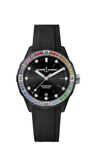 Ulysse Nardin Lady Diver Rainbow. Стальной корпус 39 мм из стали с черным DLC-покрытием. На кольце циферблата драгоценные камни, подобранные по цвету радуги. Механизм с кремниевыми деталями спуска UN-816 с автоподзаводом и запасом хода 42 часа. Ограниченная серия 300 экземпляров 