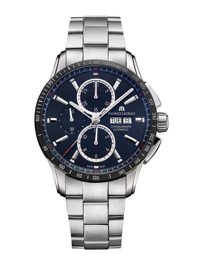 Maurice Lacroix PONTOS S Chronograph. Стальной корпус 43 мм, керамическое кольцо циферблата с тахиметром, хронограф с механизмом Automatic ML112 с автоматическим подзаводом. Маленькая секундная стрелка на «9 часах», день и дата на «3 часах». Циферблат в серебристо-белом или темно-синем цвете 