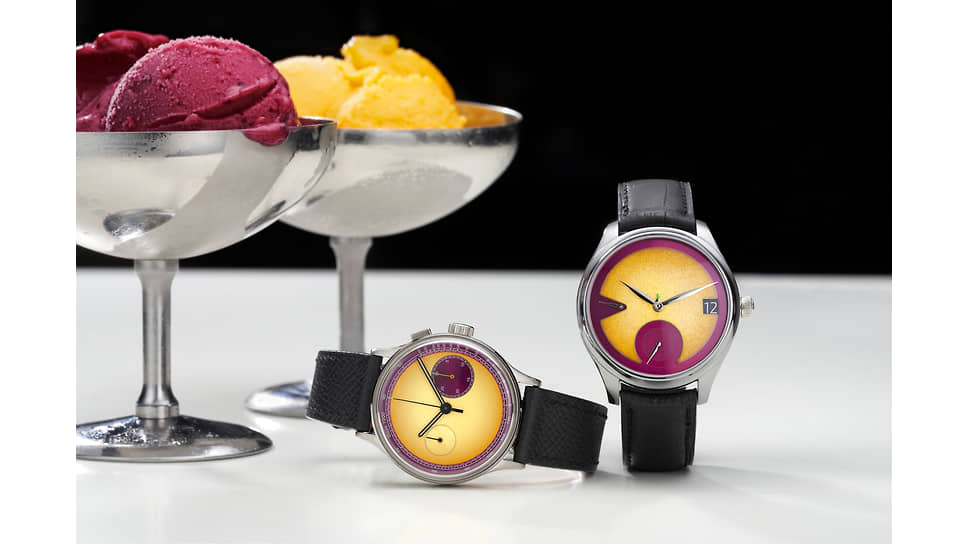 Studio Underd0g X H. Moser & Cie. Passion Fruit Watches: Studio Underd0g 03SERIES Passi0n Fruit и H. Moser & Cie. Endeavour Perpetual Calendar Passion Fruit (справа)