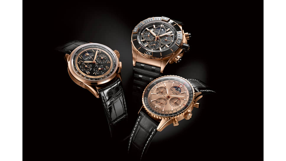 Breitling показал три модели, посвященные своему 140-летию (слева направо): Premier B19 Datora 42 140TH Anniversary; Super Chronomat B19 44 Perpetual Calendar 140TH Anniversary; Navitimer B19 Chronograph 43 Perpetual Calendar 140TH Anniversary