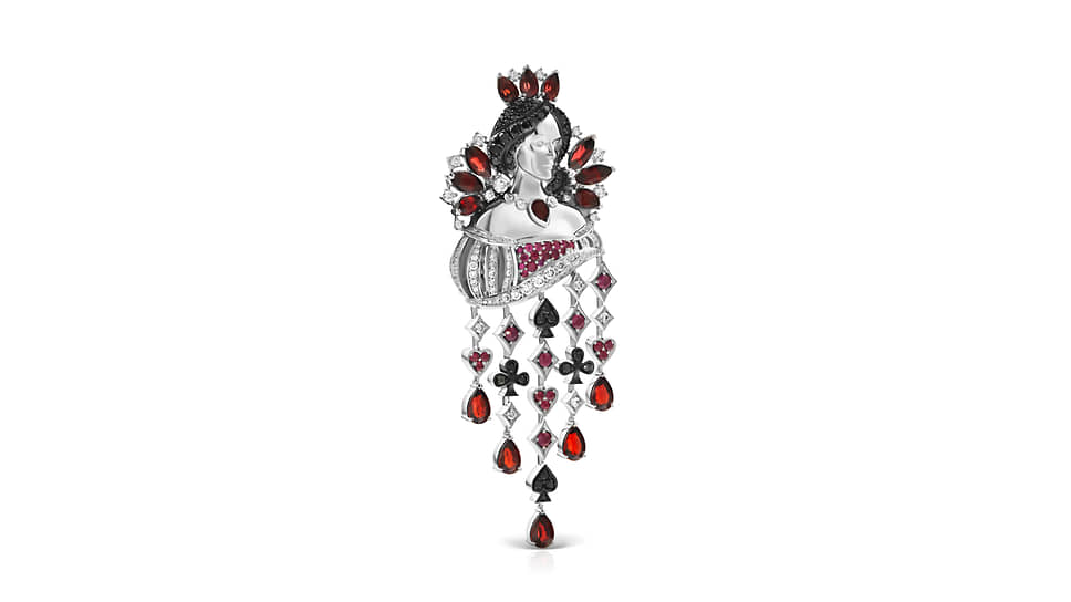 Брошь «Пиковая дама», Parure Atelier, белое золото, рубины, гранаты, черные и бесцветные бриллианты 