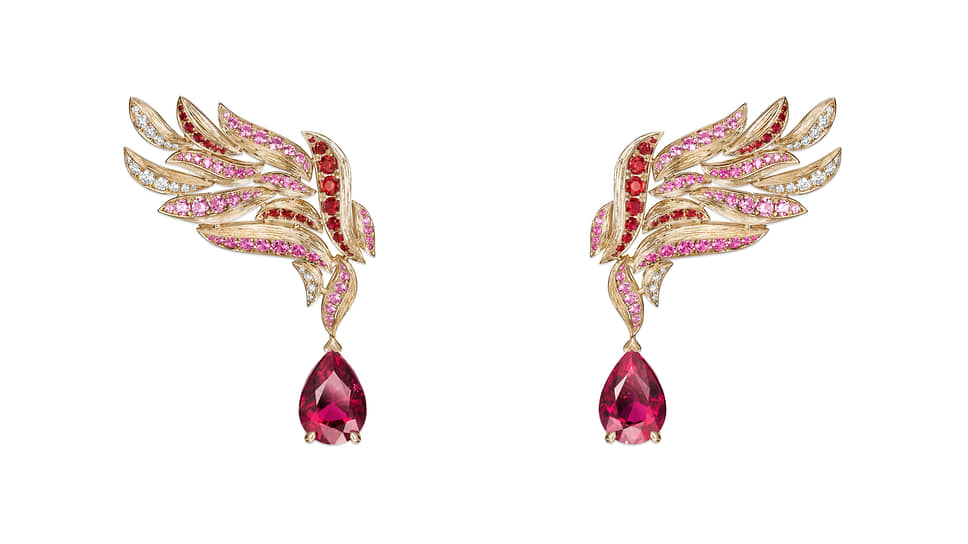Piaget, серьги Limelight 150 ans, розовое золото, красные турмалины, розовые сапфиры, рубины, бриллианты