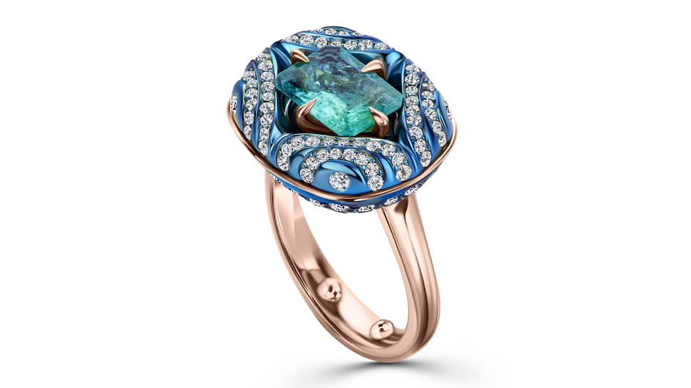 Кольцо «Созерцание», Jemae, розовое золото, титан, турмалин параиба, бриллианты. Первое место в номинации «Исполнительское мастерство: ювелирные техники» 