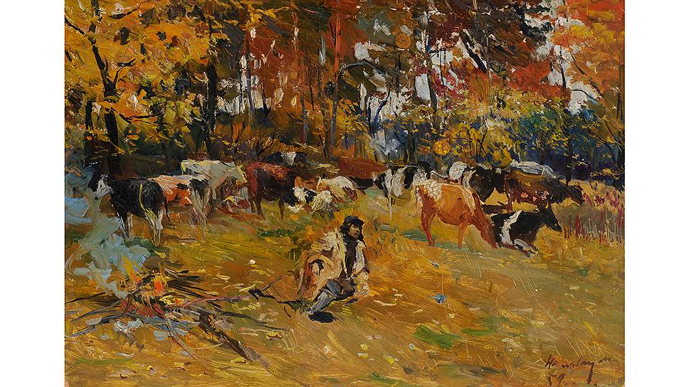 Дмитрий Налбандян. "Осенним утром у костра. Отдых", 1959 год  