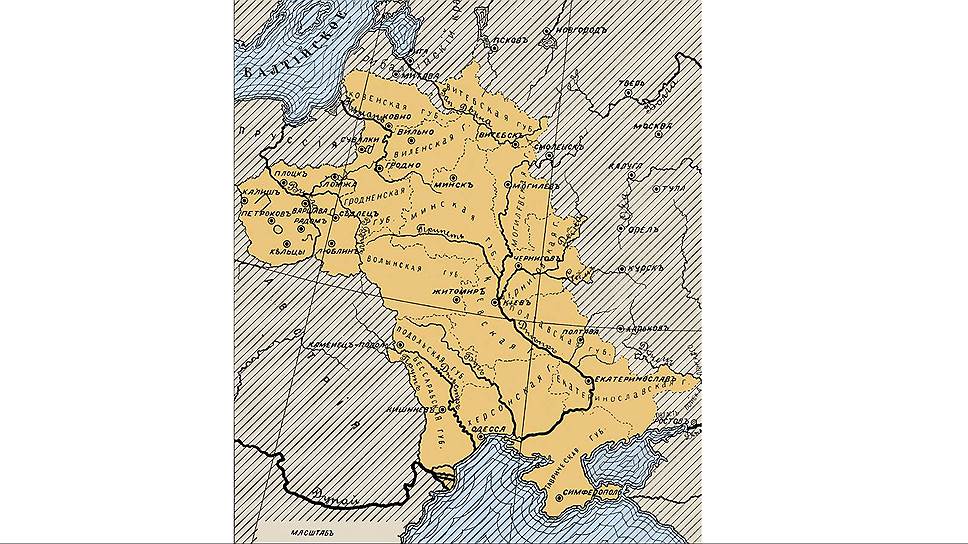 Карта из книги Юлия Гессена "История евреев в России", 1914 год. 15 губерний России и 10 губерний Царства Польского, открытых для постоянного проживания евреев