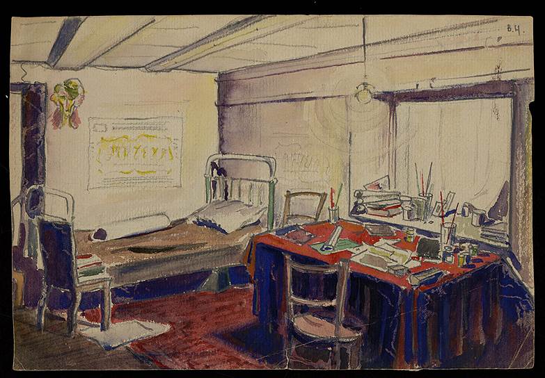 Виктор Некрасов. "Интерьер комнаты Некрасова во Владивостоке", конец 1930-х годов  