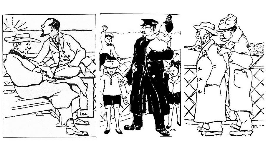 Слева направо: Иван Ильин, Николай Бердяев, Семен Франк с детьми, Александр Кизеветтер и Юлий Айхенвальд на борту парохода «Обербургомистр Хакен». Рисунок Иосифа Матусевича, 1922 год 