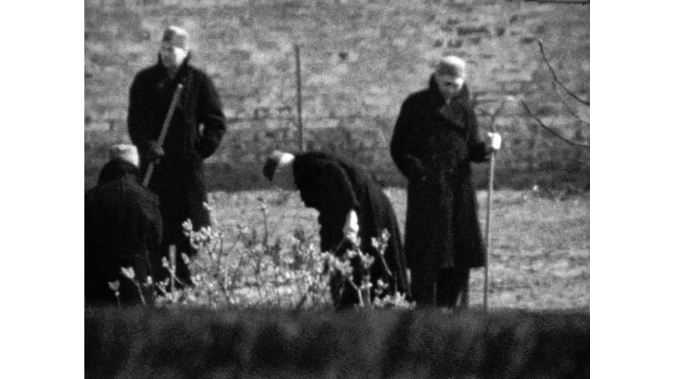 Рудольф Гесс, Константин фон Нойрат, Альберт Шпеер, Карл Дениц в тюремном дворе (съемка скрытой камерой), 1954 