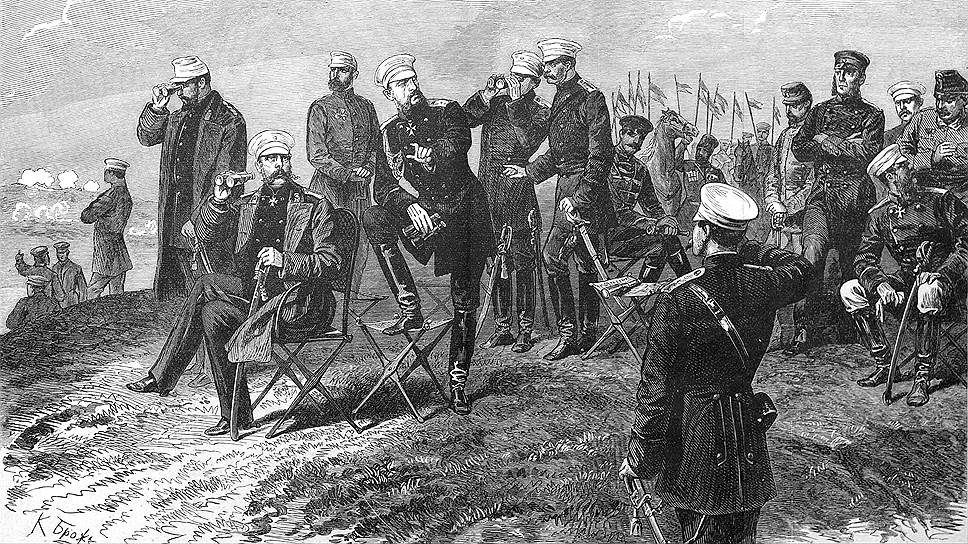 Император Александр II (на рисунке — слева, на стуле; во время осады Плевны, 1877 год) счел, что его присутствие в войсках и перенесенные тяготы походной жизни дают ему право наградить себя золотым оружием за личную храбрость