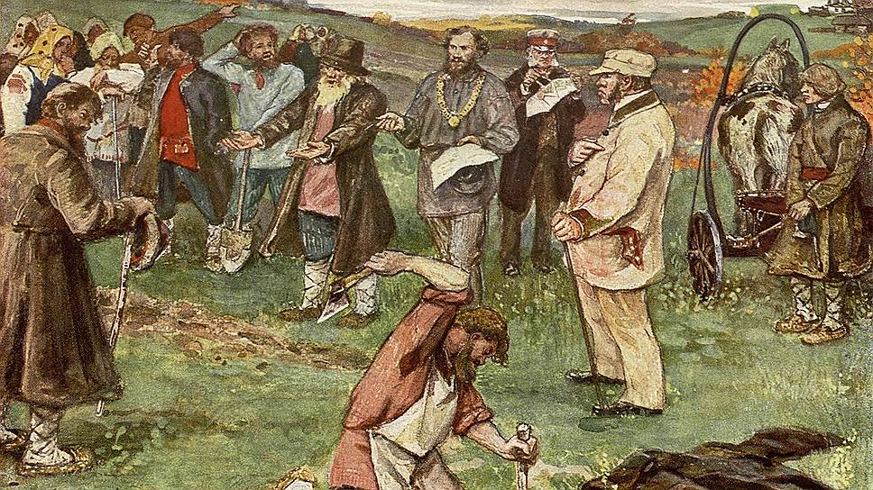 Известный защитник всех слабых и угнетенных от власть имущих для разрешения конфликтов с яснополянскими крестьянами не стеснялся обращаться за помощью к властям (на картине — Лев Толстой в роли мирового посредника в годы крестьянской реформы) 