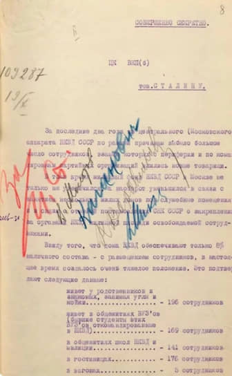 Докладная записка Николая Ежова Иосифу Сталину о размещении сотрудников НКВД в комнатах репрессированных «врагов народа» и передачи им мебели из числа конфискованной, 19 октября 1938 года. На документе визы Сталина, Молотова, Кагановича, Ворошилова, Микояна 